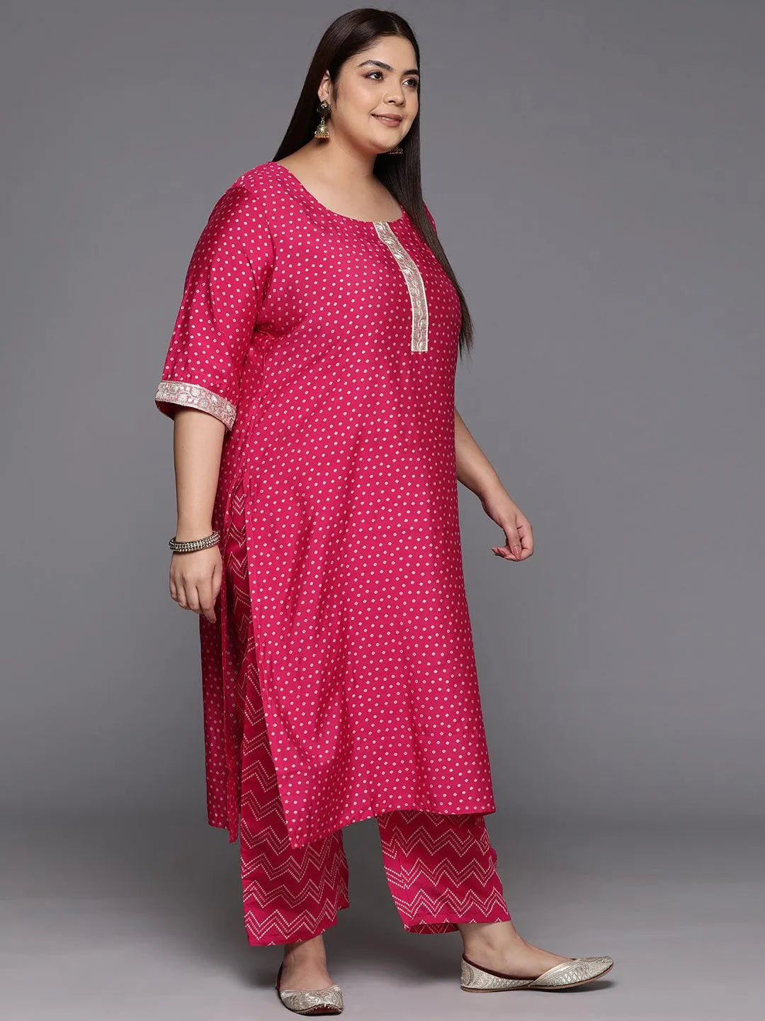 Plus Size Pink Printed Silk Blend Straight Kurta With Trousers & Dupatta - Libas 