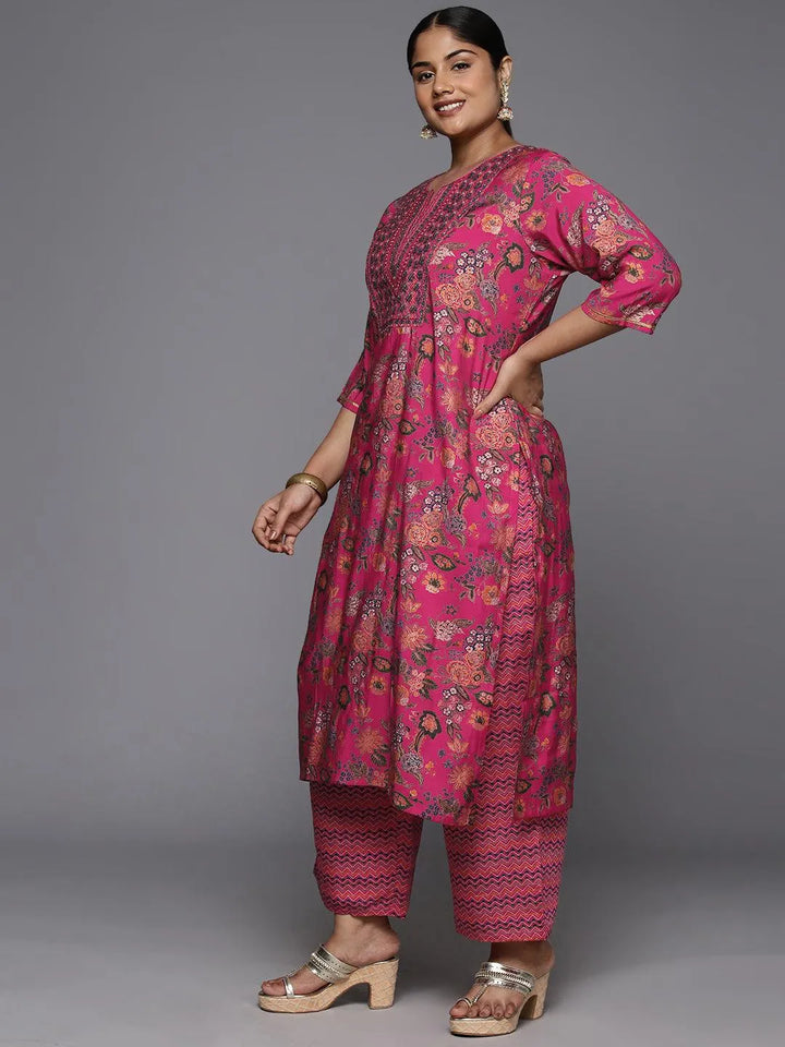 Plus Size Pink Printed Silk Blend Straight Kurta With Trousers & Dupatta - Libas