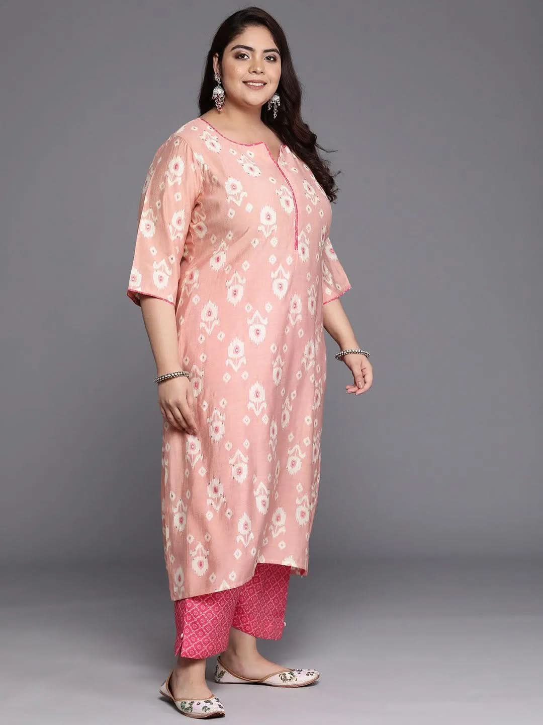 Plus Size Pink Printed Silk Blend Straight Suit Set - Libas 