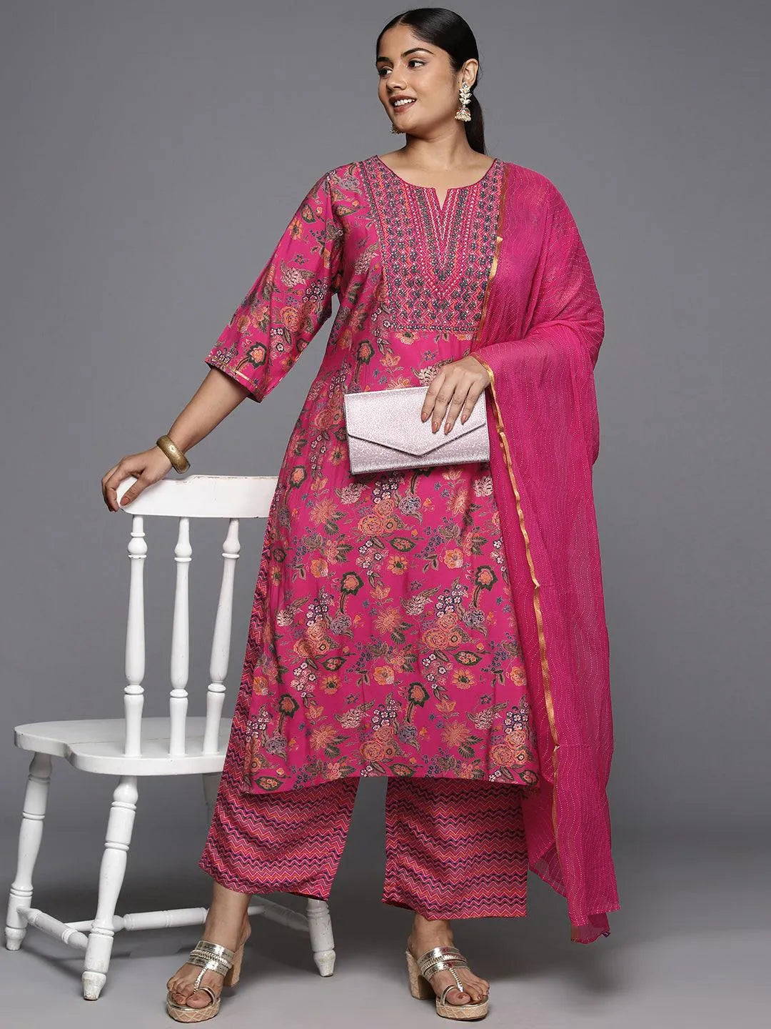 Plus Size Pink Printed Silk Blend Straight Kurta With Trousers & Dupatta - Libas 