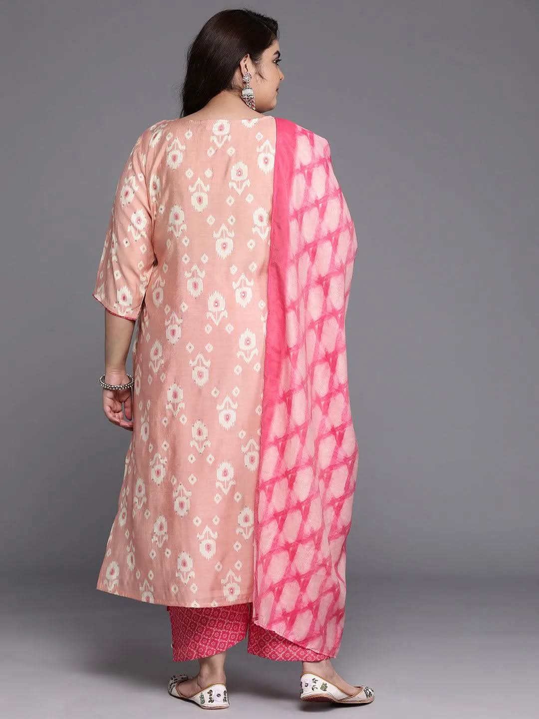 Plus Size Pink Printed Silk Blend Straight Suit Set - Libas 