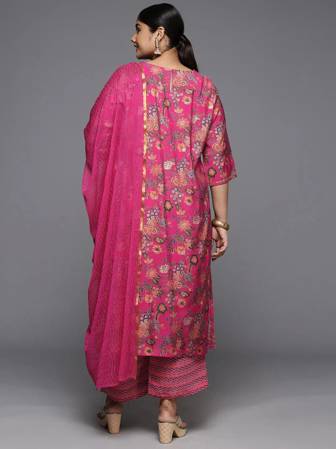 Plus Size Pink Printed Silk Blend Straight Kurta With Trousers & Dupatta - Libas 