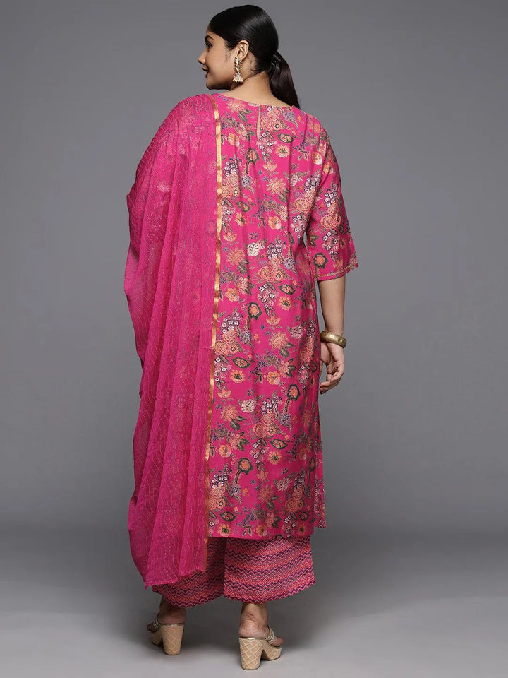 Plus Size Pink Printed Silk Blend Straight Kurta With Trousers & Dupatta - Libas