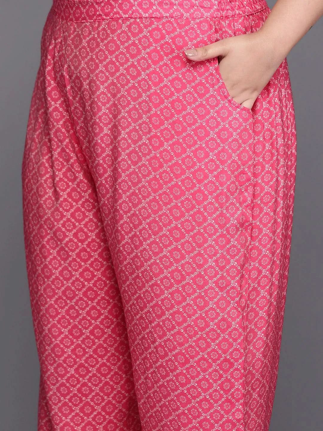 Plus Size Pink Printed Silk Blend Straight Suit Set - Libas 