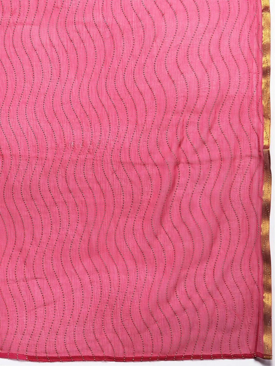 Plus Size Pink Printed Silk Blend Straight Kurta With Trousers & Dupatta - Libas 