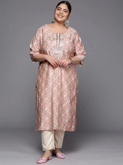 Plus Size Pink Printed Silk Straight Kurta - Libas