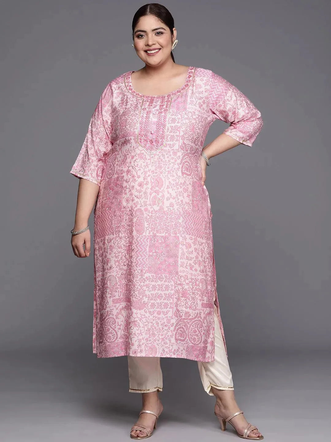 

Plus Size Pink Printed Silk Straight Kurta