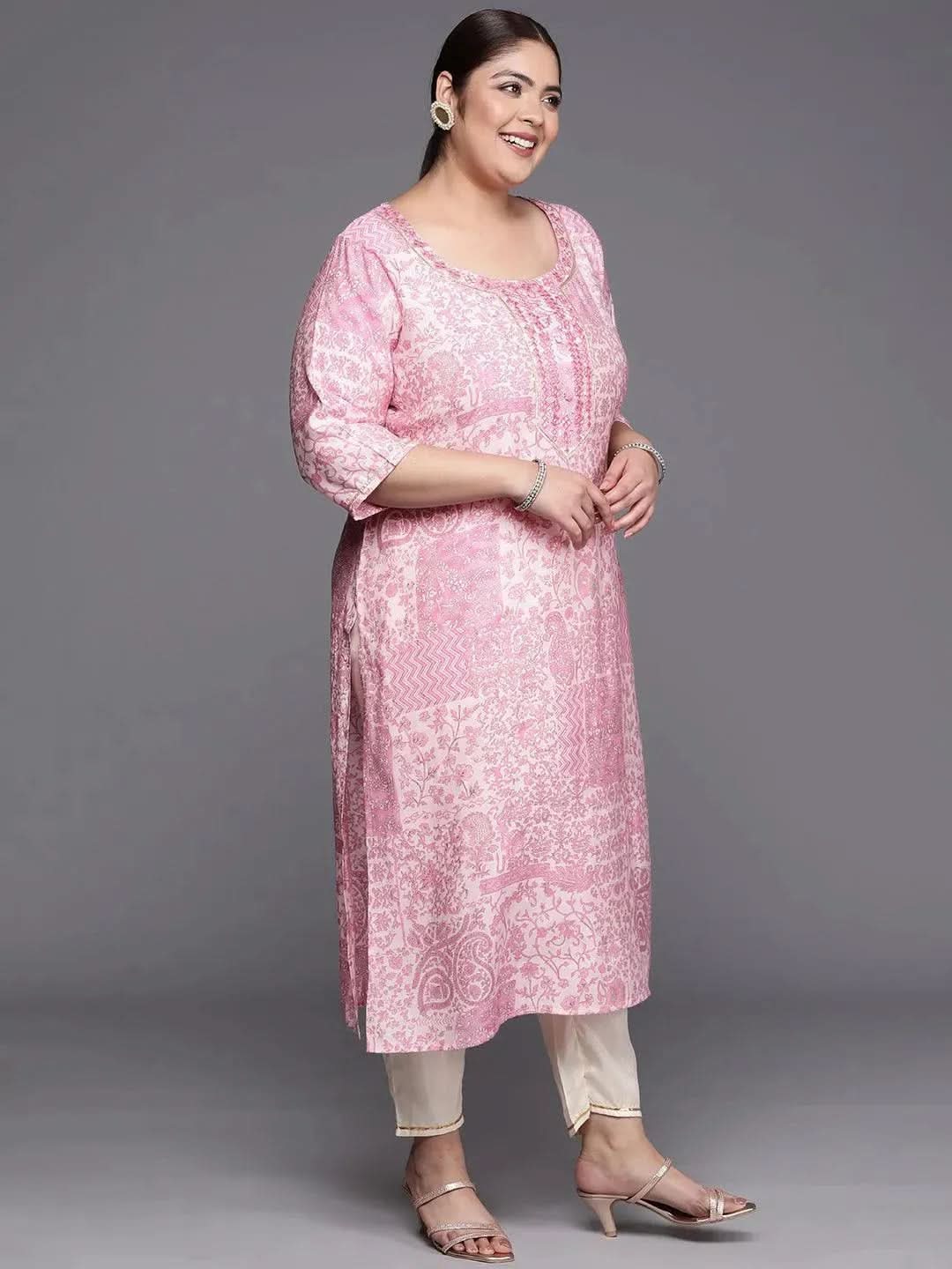 Plus Size Pink Printed Silk Straight Kurta - Libas 