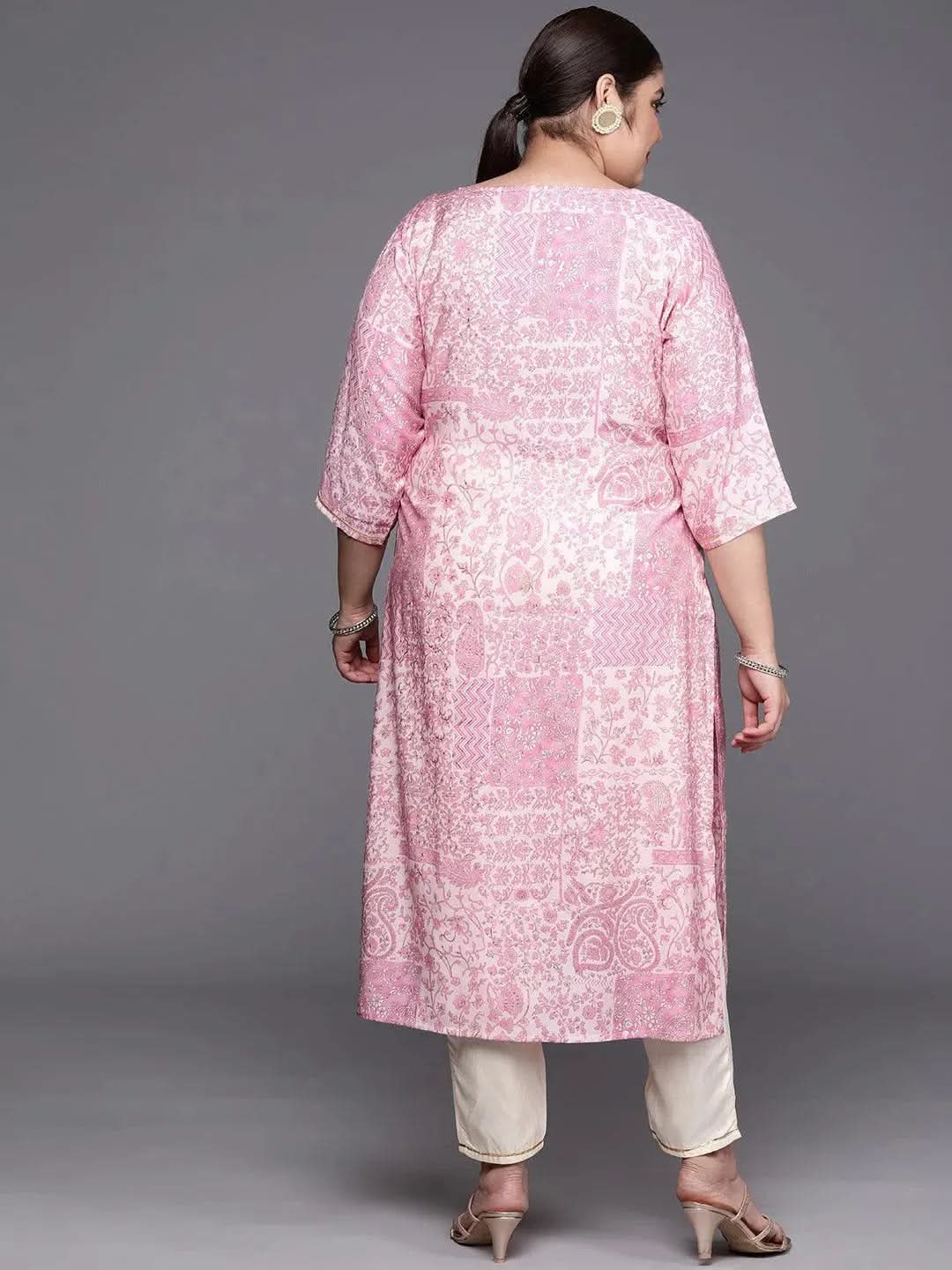Plus Size Pink Printed Silk Straight Kurta - Libas 