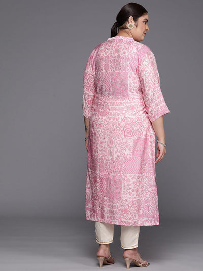 Plus Size Pink Printed Silk Straight Kurta - Libas