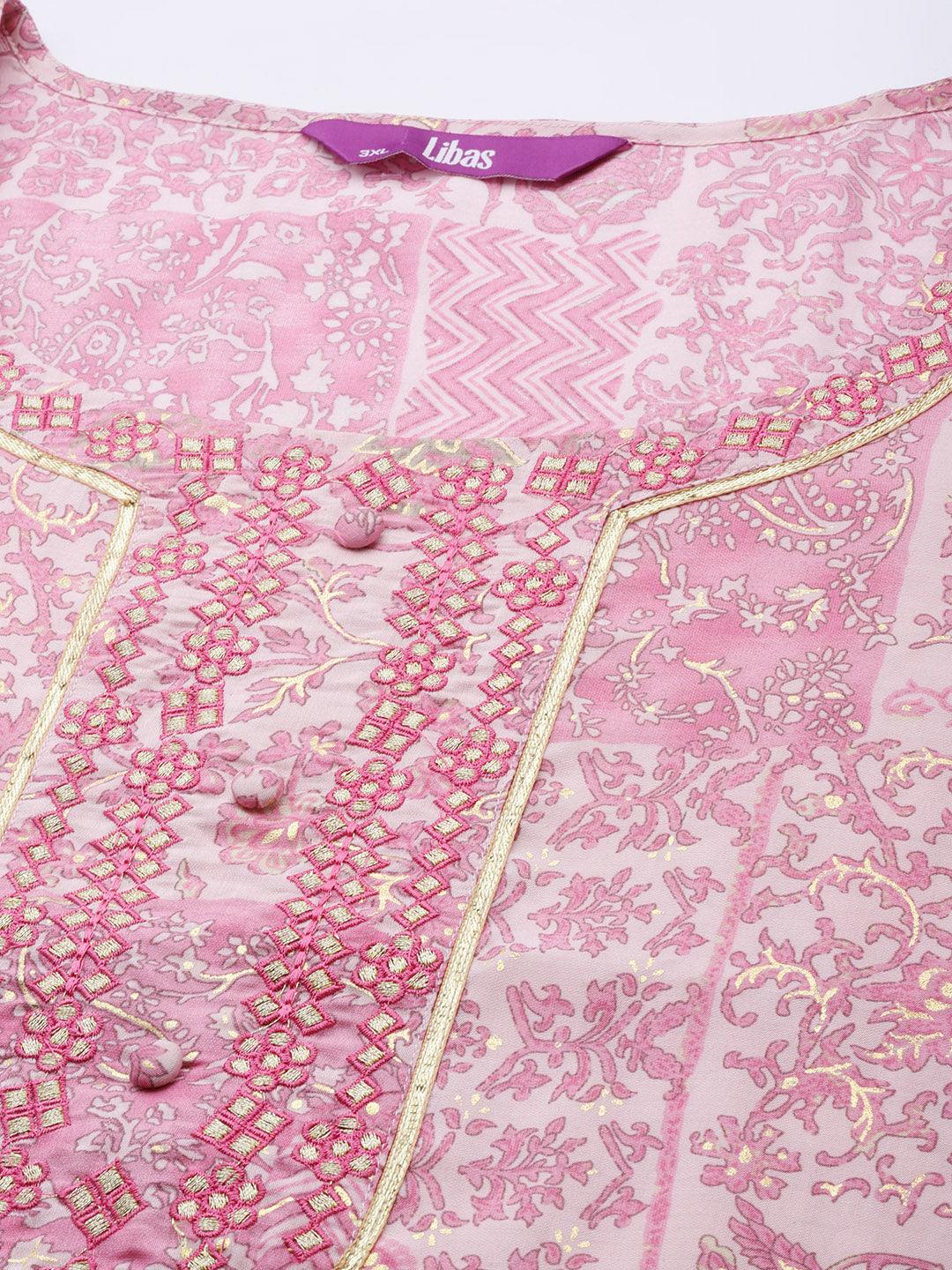Plus Size Pink Printed Silk Straight Kurta - Libas