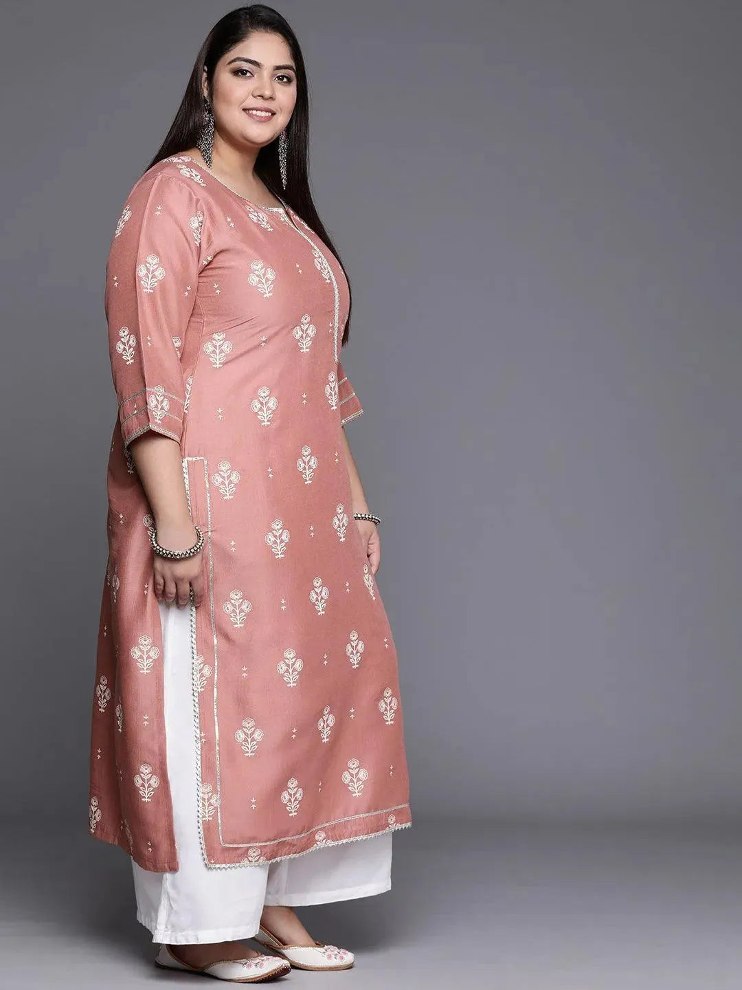 Plus Size Pink Silk Printed Straight Kurta - Libas