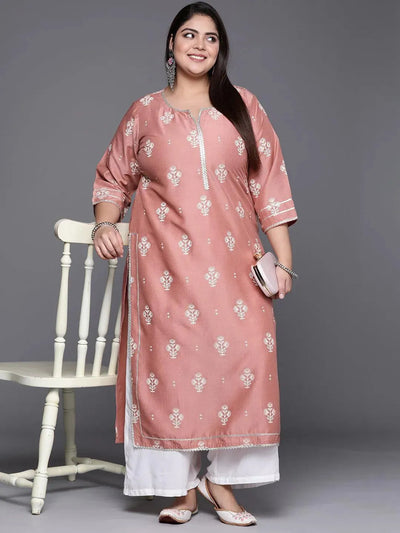 Plus Size Pink Silk Printed Straight Kurta - Libas