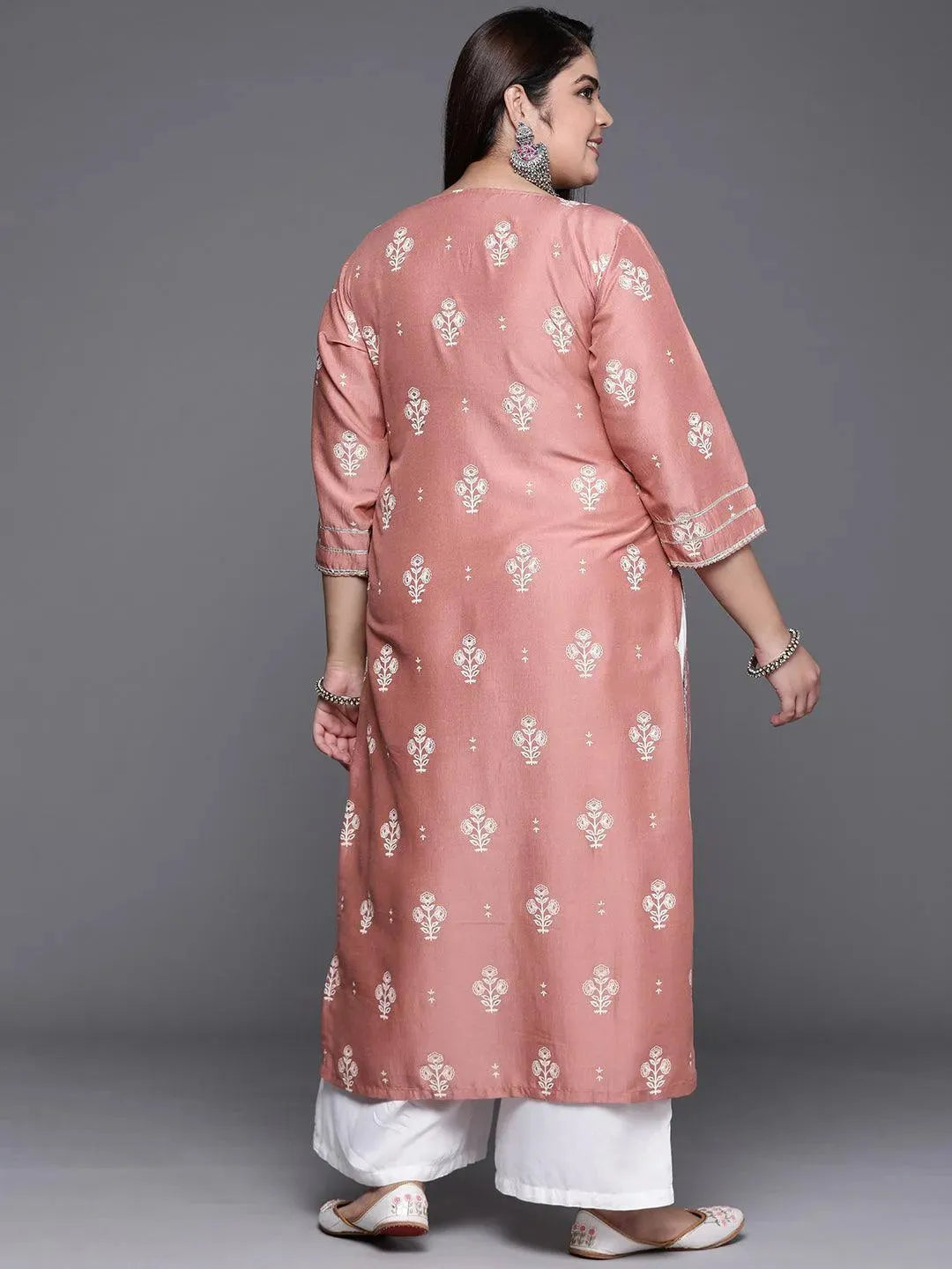 Plus Size Pink Silk Printed Straight Kurta - Libas