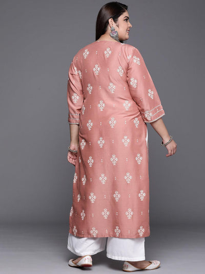 Plus Size Pink Silk Printed Straight Kurta - Libas