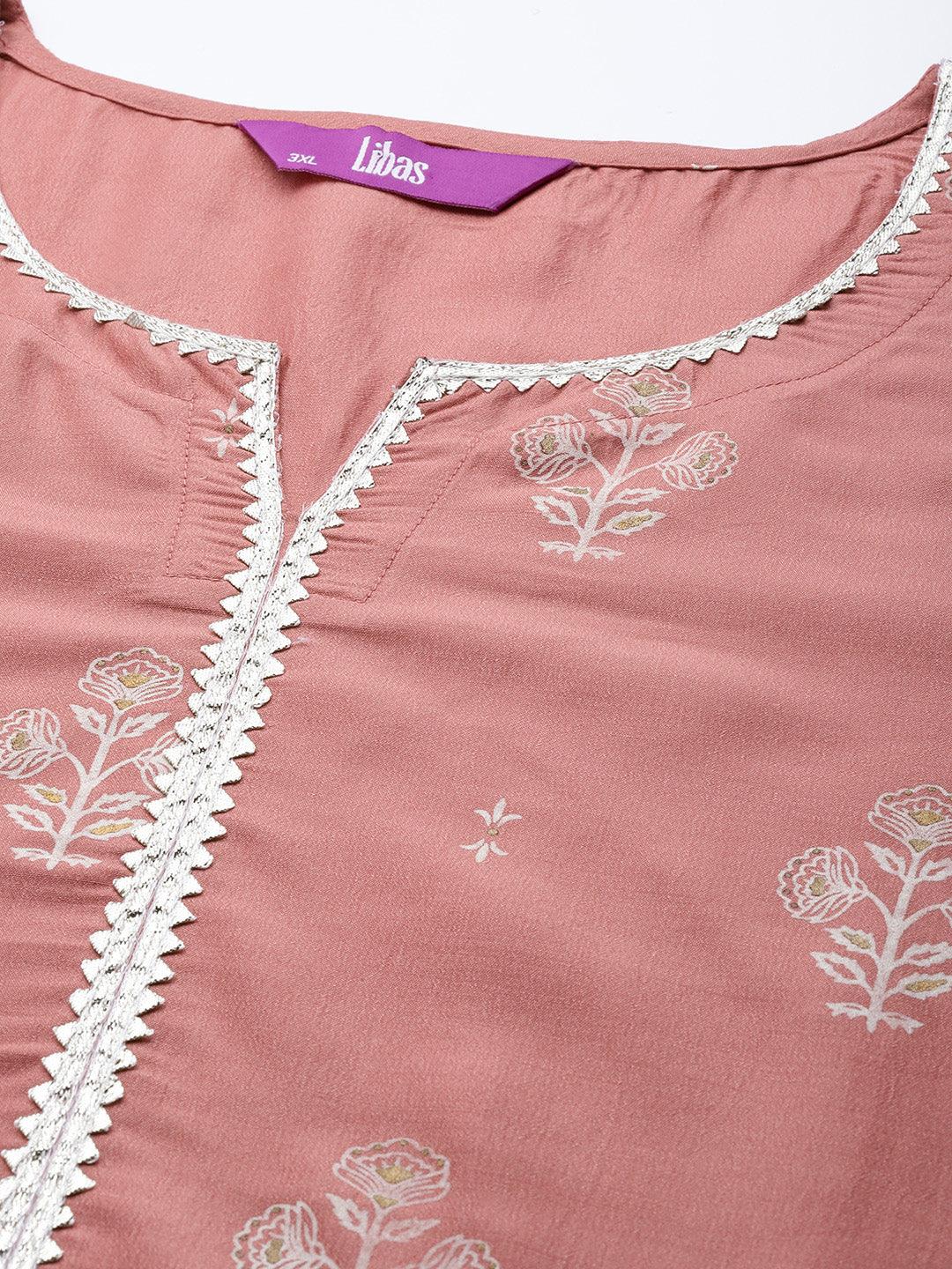 Plus Size Pink Silk Printed Straight Kurta