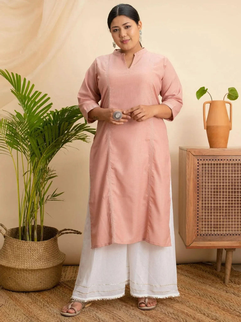Plus Size Pink Solid Cotton Kurta