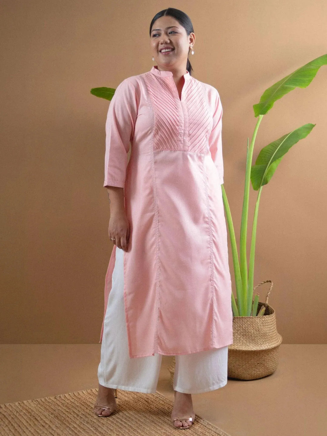 Plus Size Pink Solid Cotton Kurta - Libas