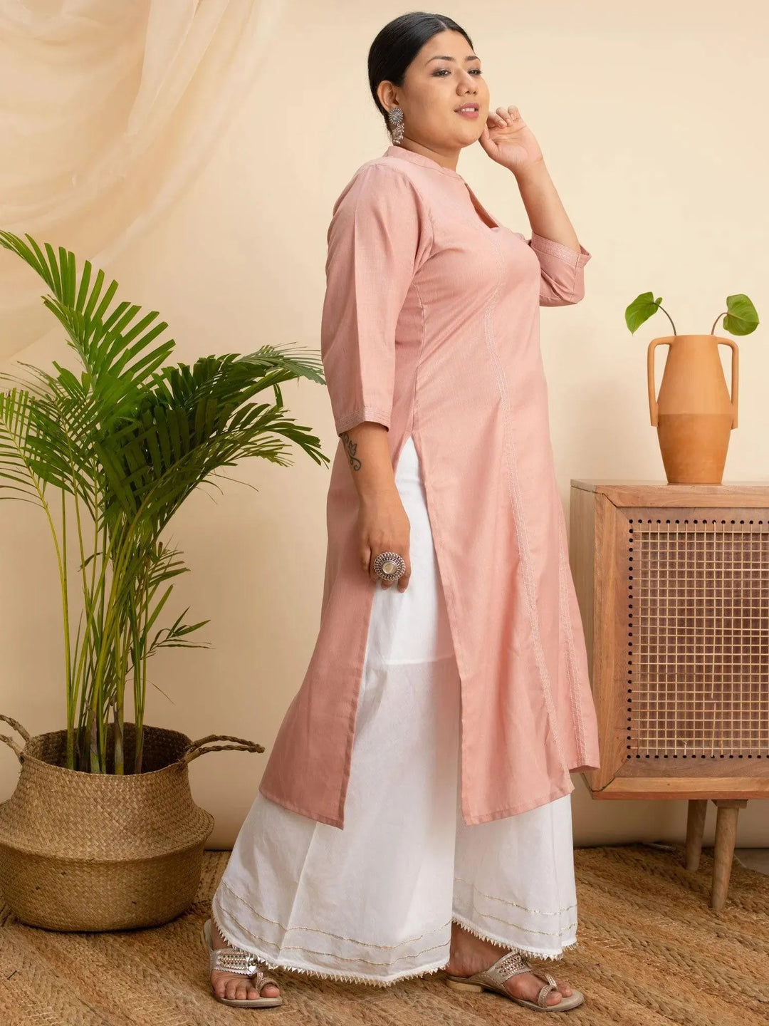 Plus Size Pink Solid Cotton Kurta - Libas 