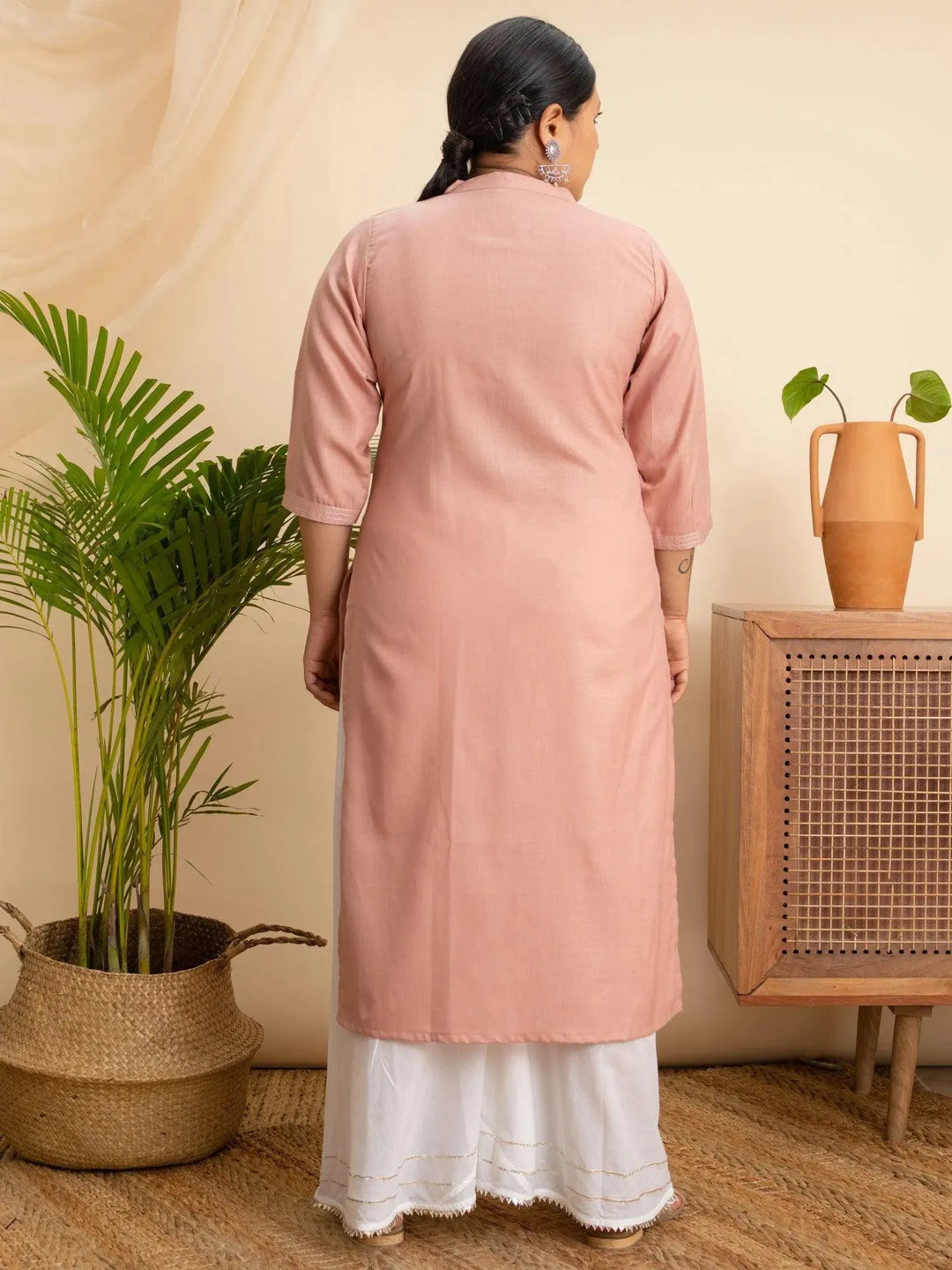 Plus Size Pink Solid Cotton Kurta - Libas