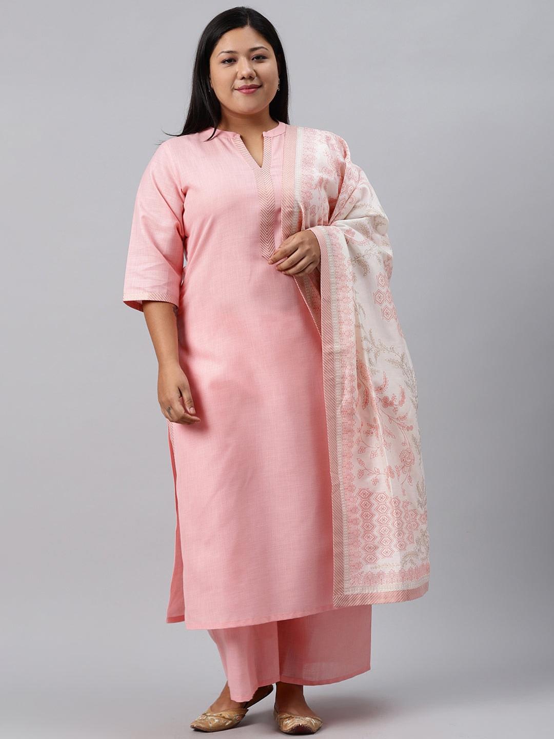 Plus Size Pink Solid Cotton Straight Kurta With Palazzos & Dupatta