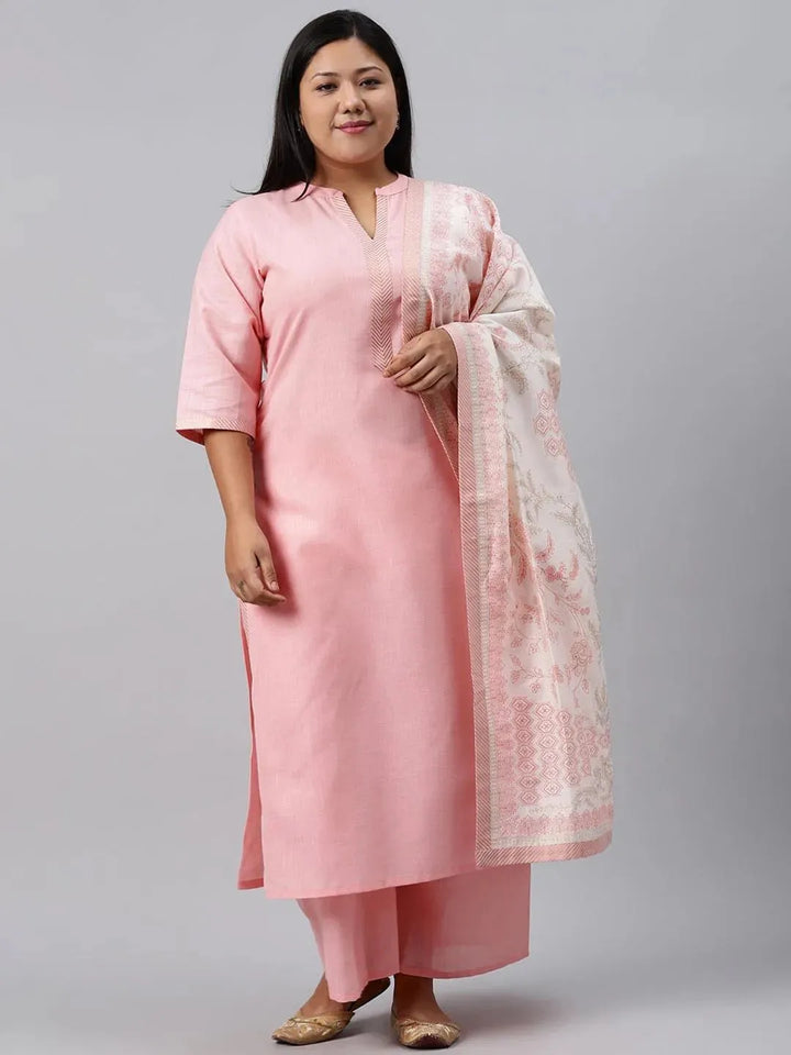 Plus Size Pink Solid Cotton Suit Set - Libas