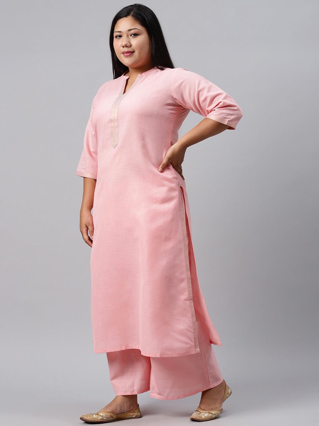 Plus Size Pink Solid Cotton Suit Set - Libas