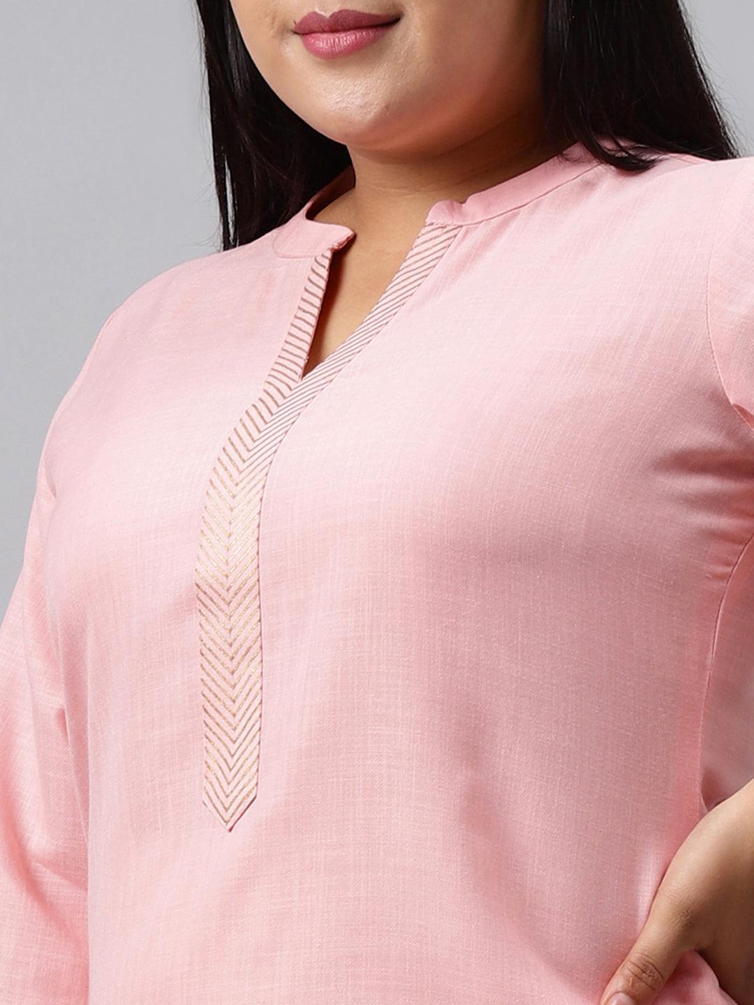Plus Size Pink Solid Cotton Straight Kurta With Palazzos & Dupatta