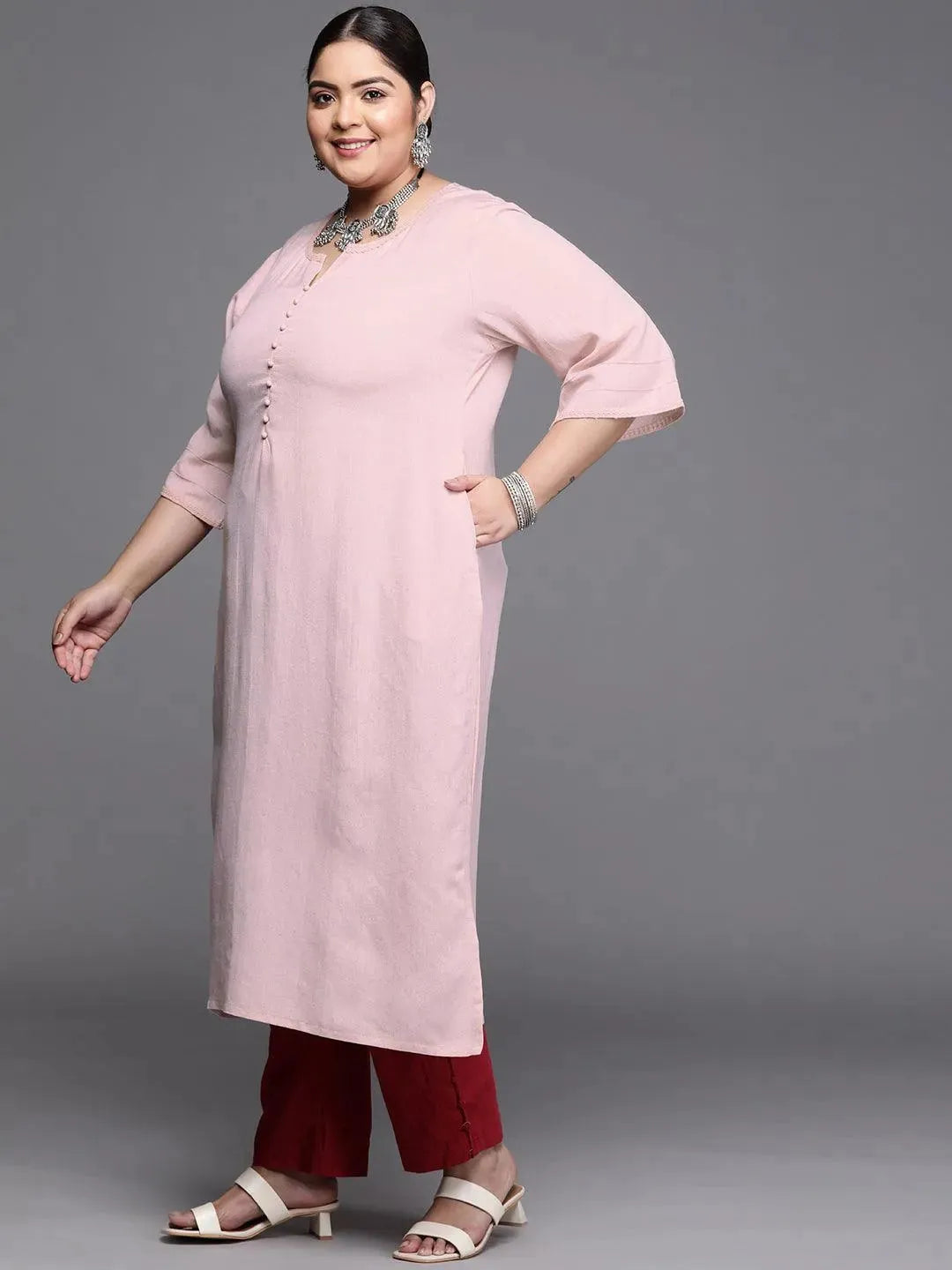 Plus Size Pink Solid Rayon Kurta - Libas