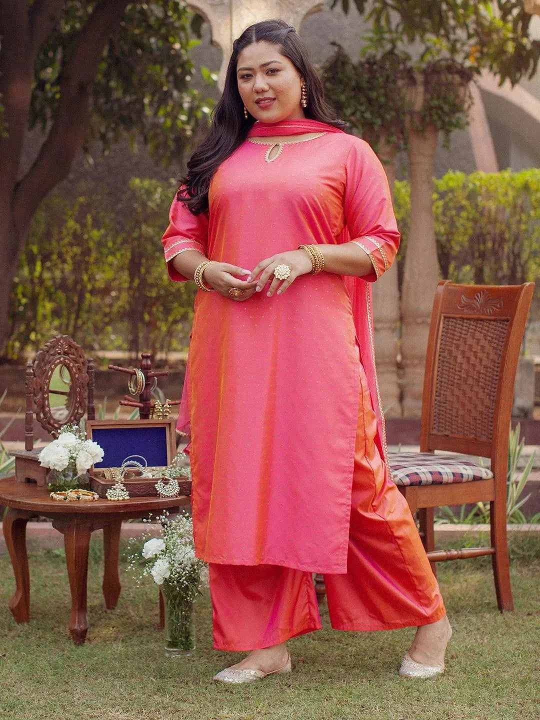 Plus Size Pink Woven Design Art Silk Suit Set - Libas 