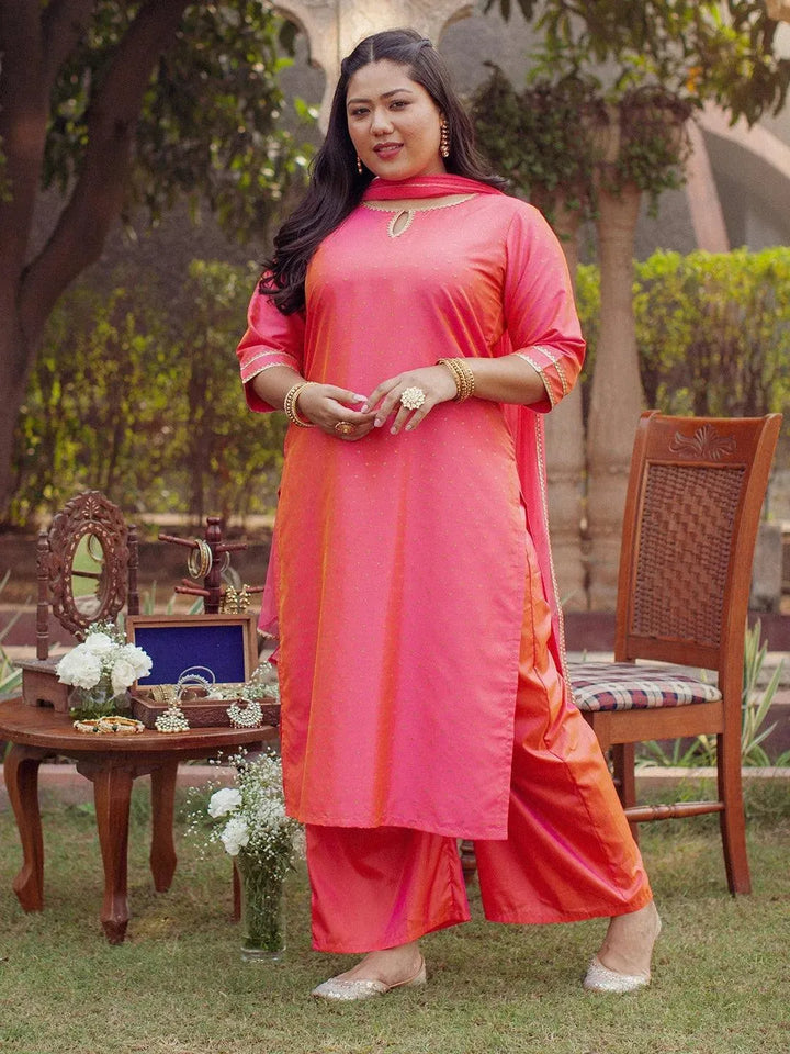 Plus Size Pink Woven Design Art Silk Suit Set - Libas