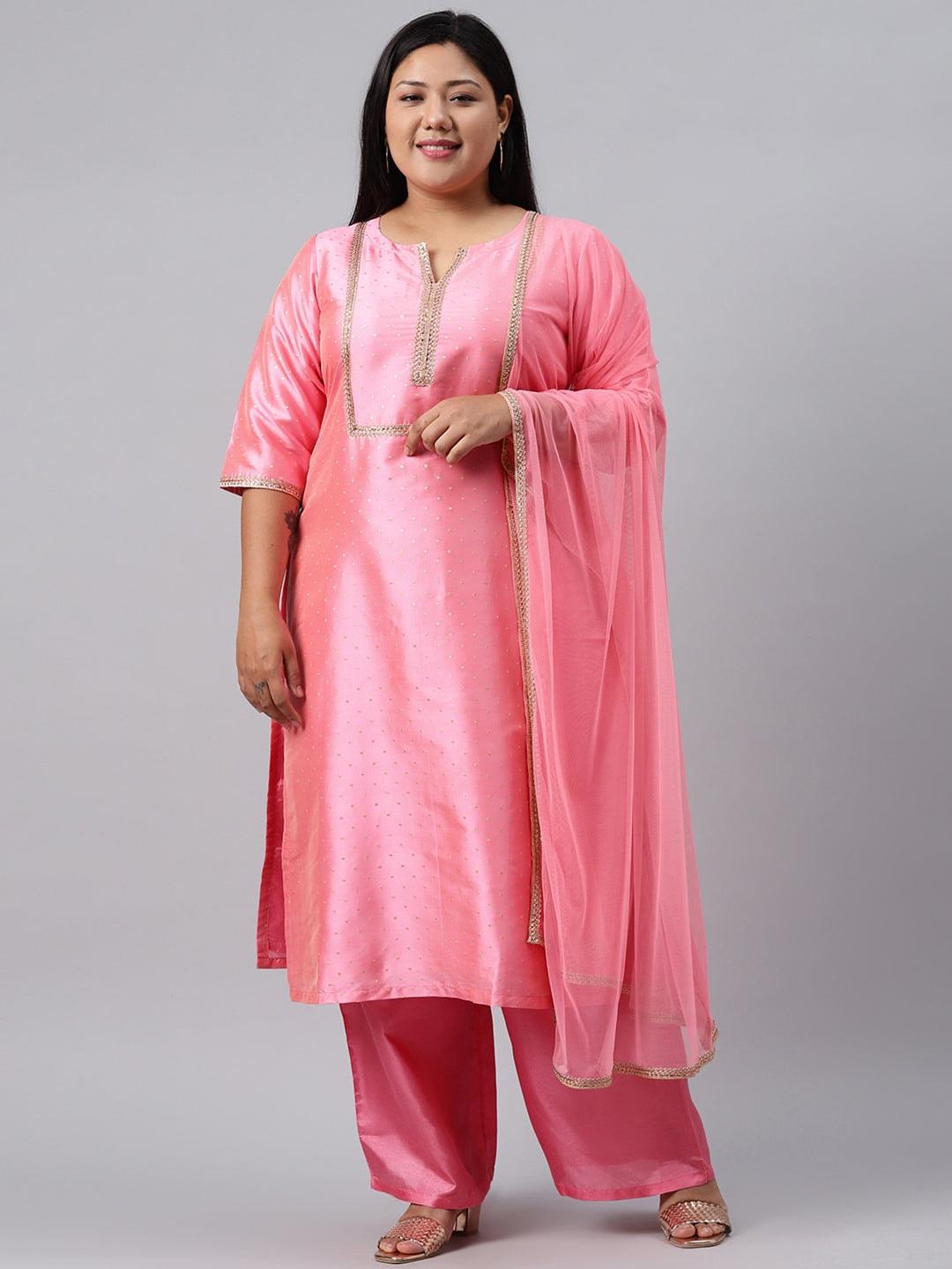 Plus Size Pink Woven Design Art Silk Straight Kurta With Palazzos & Dupatta