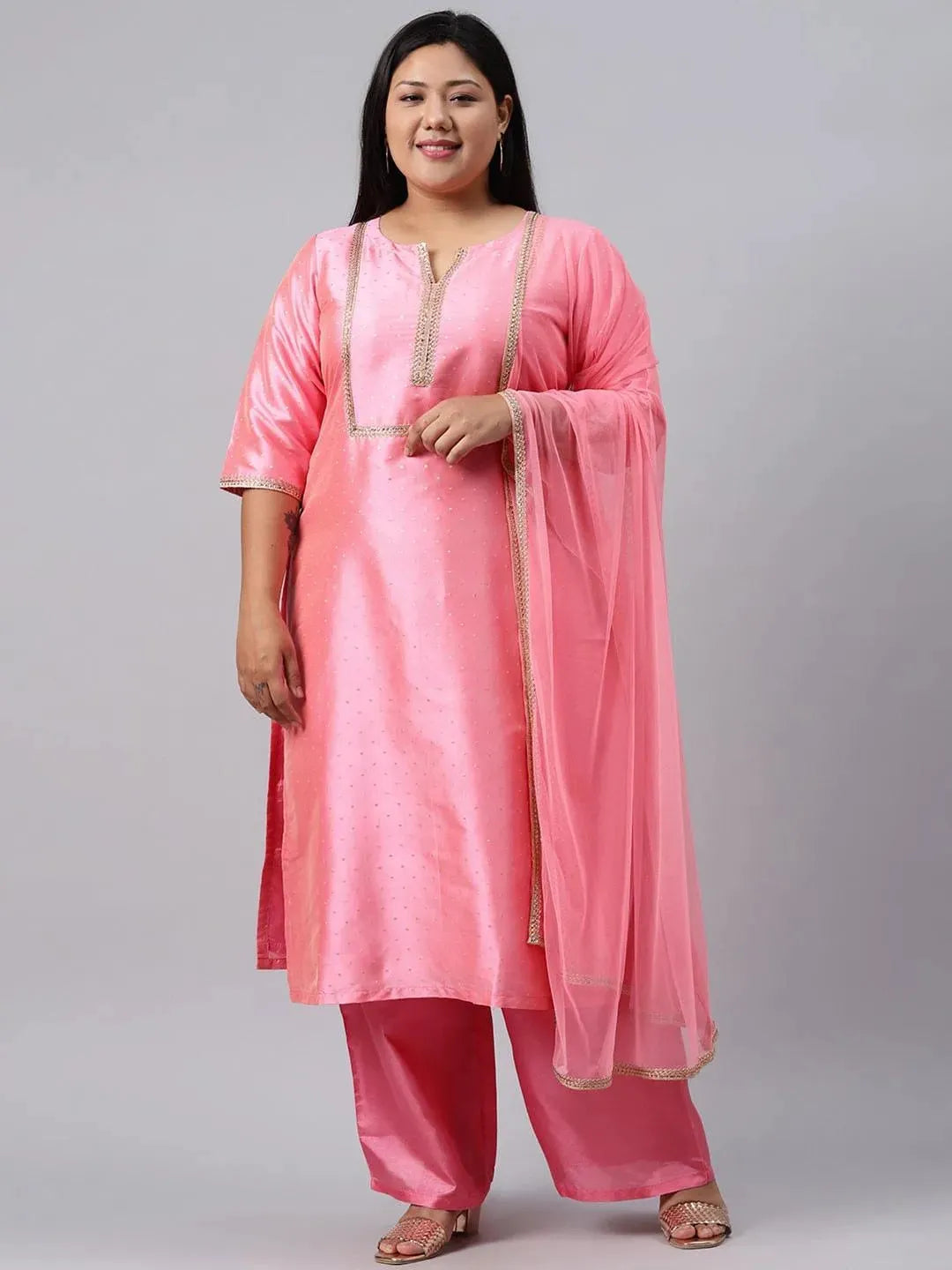 Plus Size Pink Woven Design Art Silk Suit Set - Libas