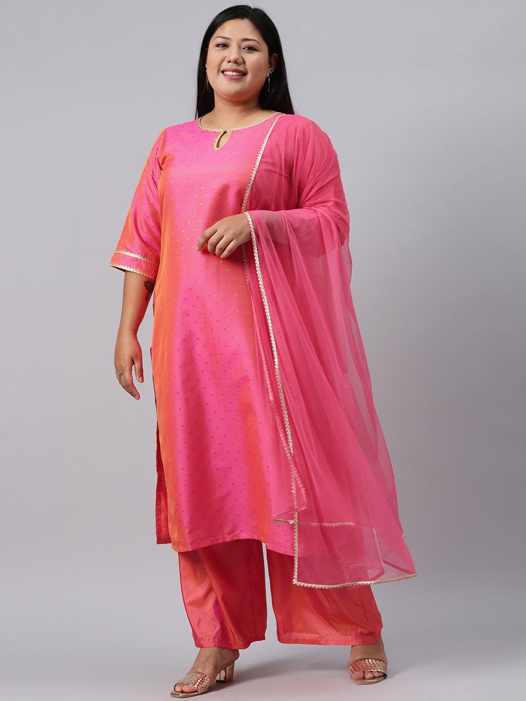 Plus Size Pink Woven Design Art Silk Suit Set - Libas
