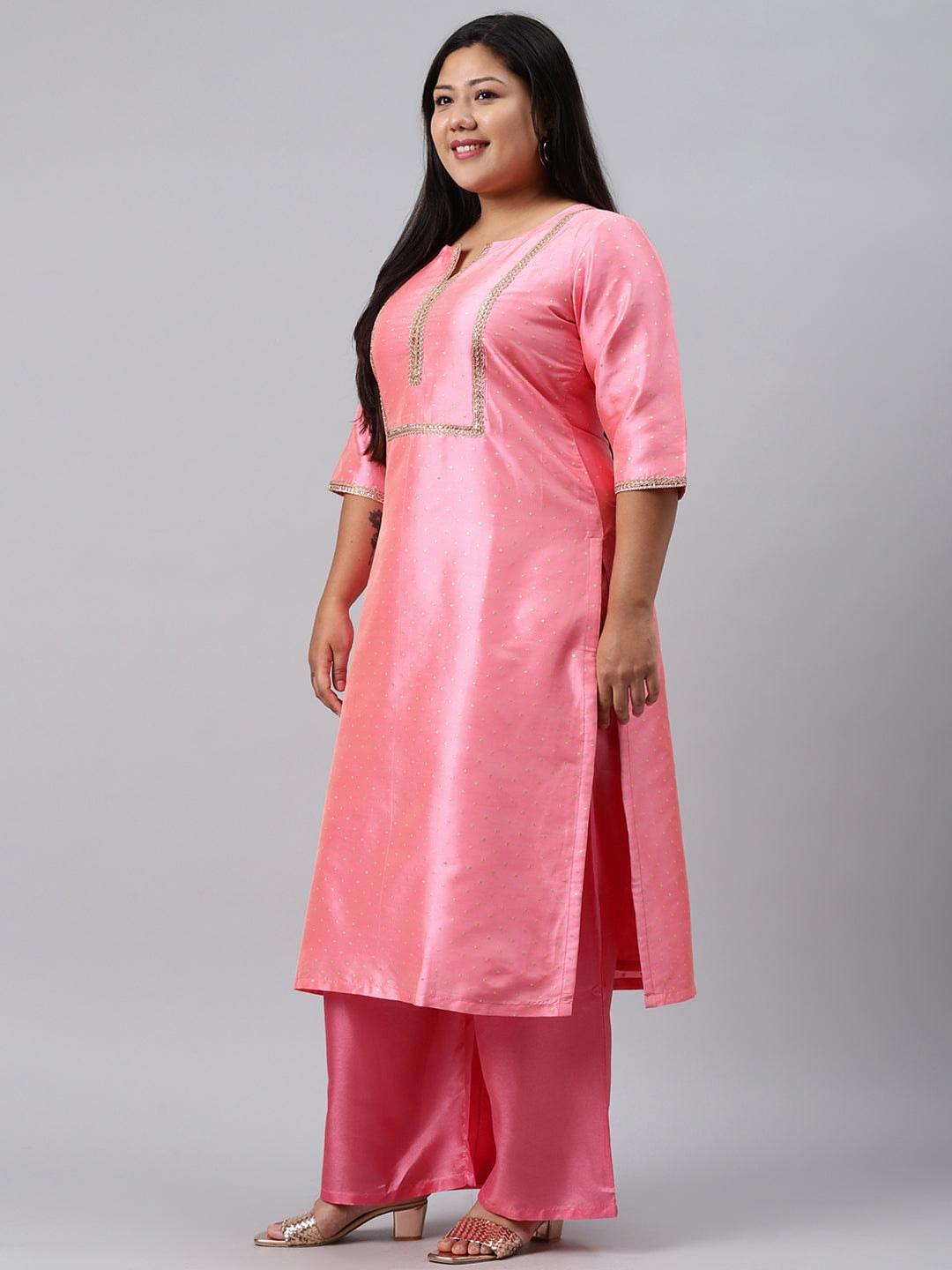 Plus Size Pink Woven Design Art Silk Straight Kurta With Palazzos & Dupatta