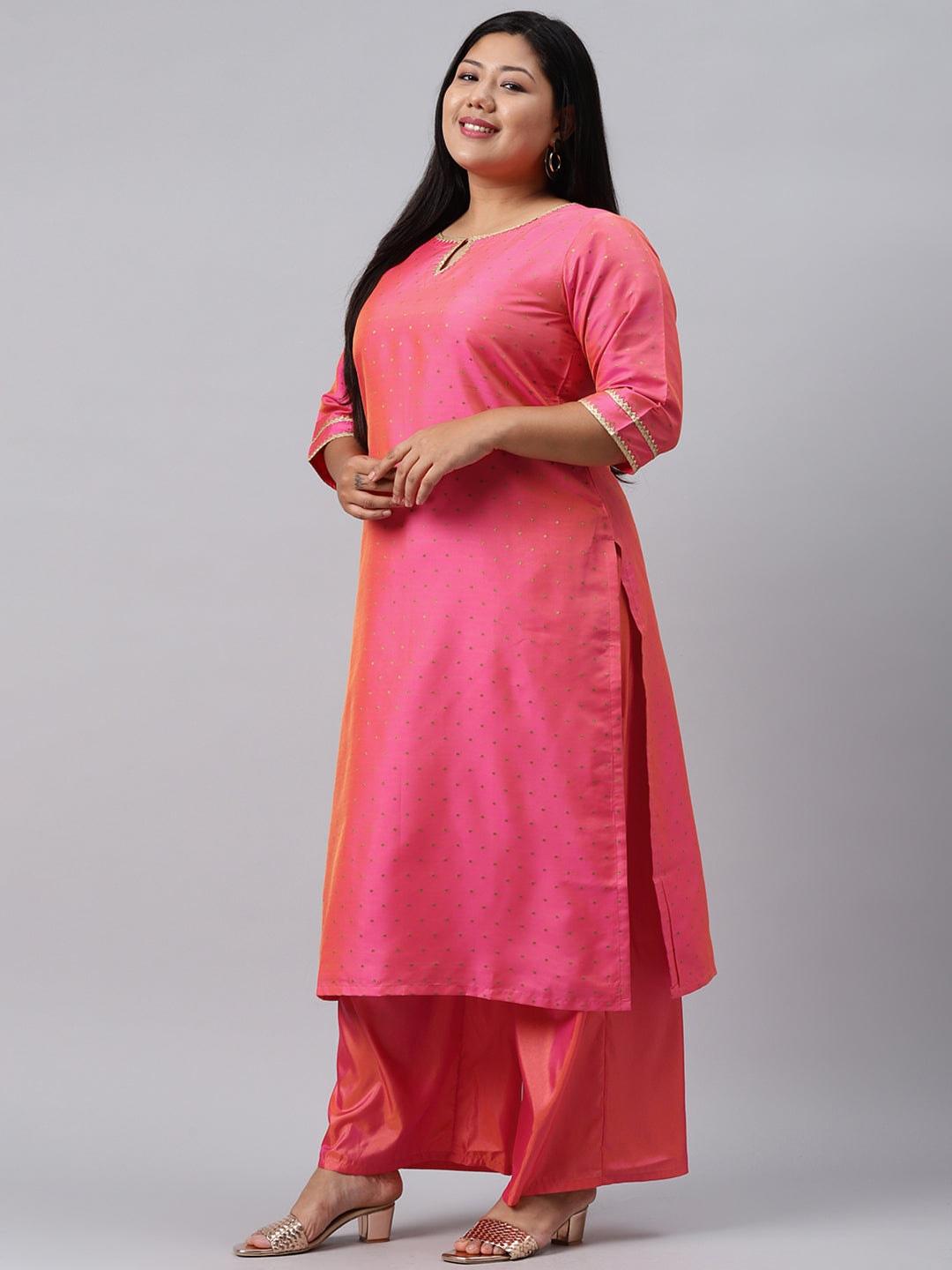 Plus Size Pink Woven Design Art Silk Suit Set - Libas