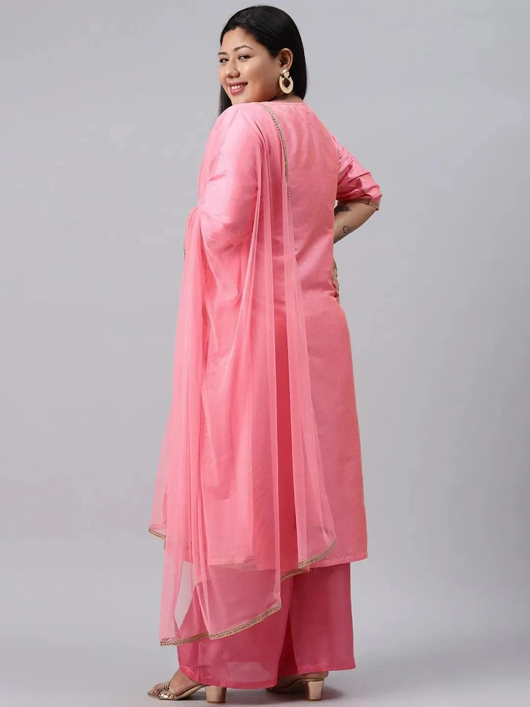 Plus Size Pink Woven Design Art Silk Suit Set - Libas