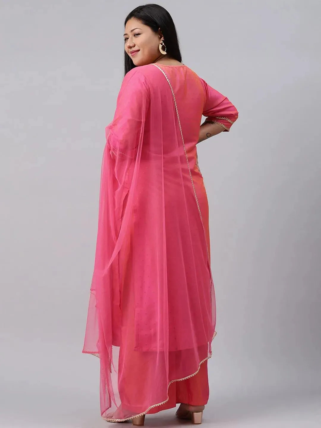 Plus Size Pink Woven Design Art Silk Suit Set - Libas 