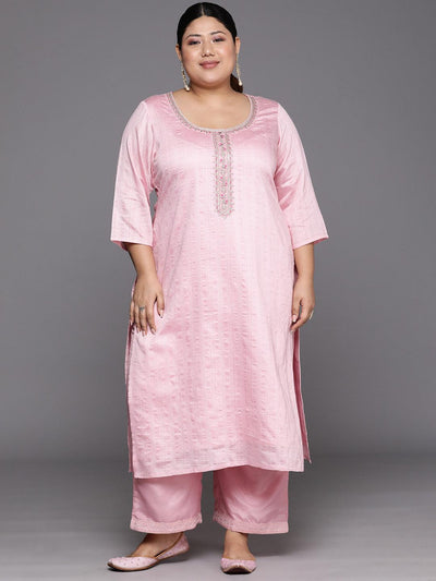 Plus Size Pink Woven Design Rayon Straight Kurta - Libas