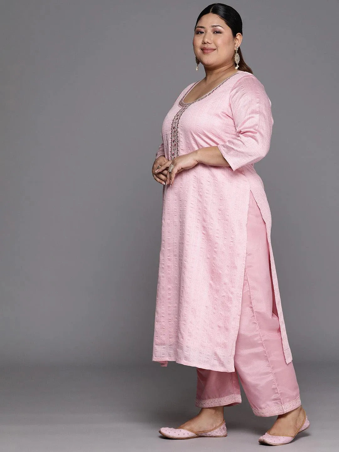 Plus Size Pink Woven Design Rayon Straight Kurta - Libas 