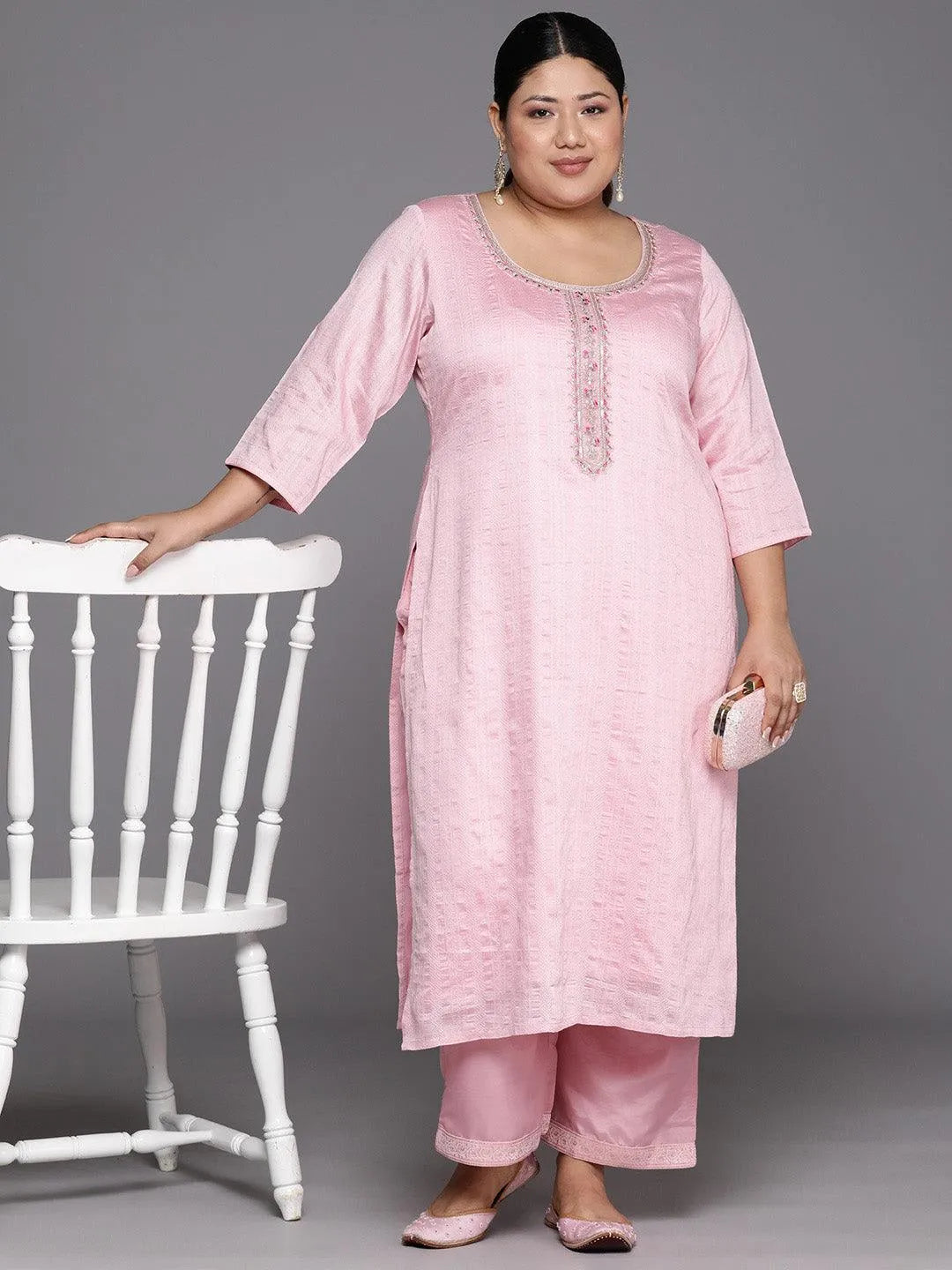 Plus Size Pink Woven Design Rayon Straight Kurta - Libas 