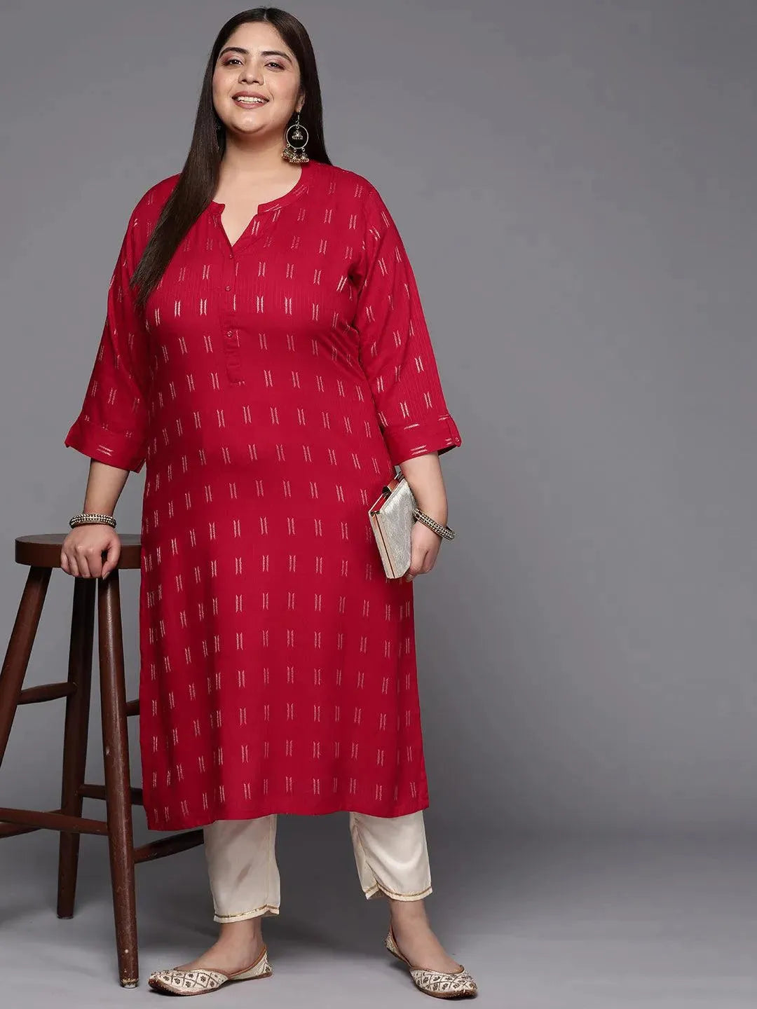 Plus Size Pink Woven Design Rayon Straight Kurta - Libas 
