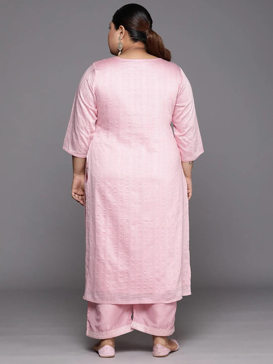 Plus Size Pink Woven Design Rayon Straight Kurta - Libas 