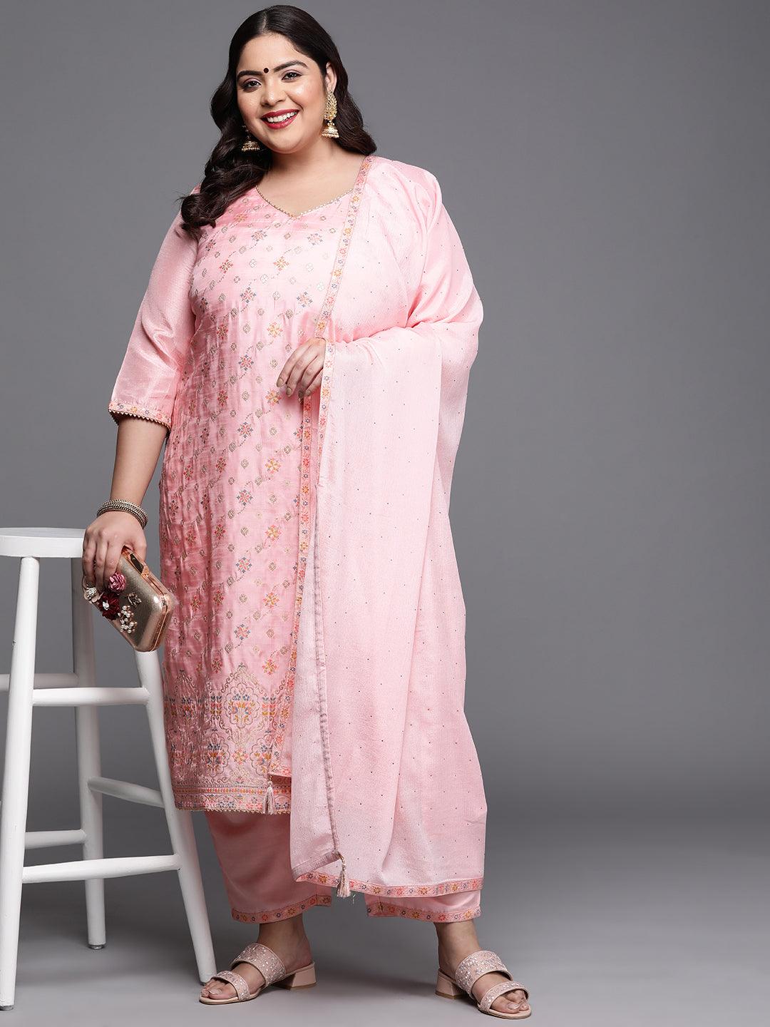 Plus Size Pink Woven Design Silk Blend Straight Kurta With Dupatta