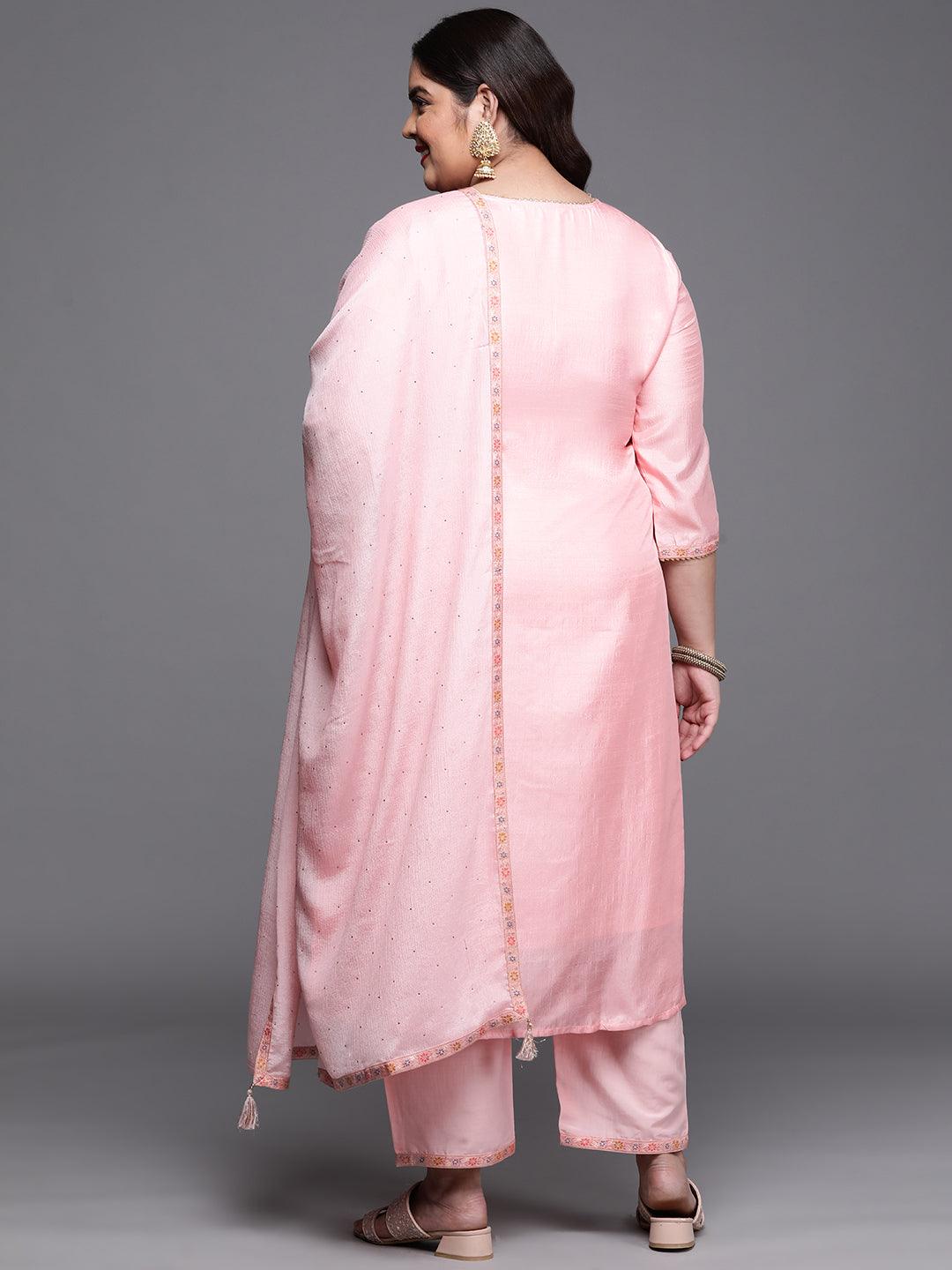 Plus Size Pink Woven Design Silk Blend Suit Set - Libas