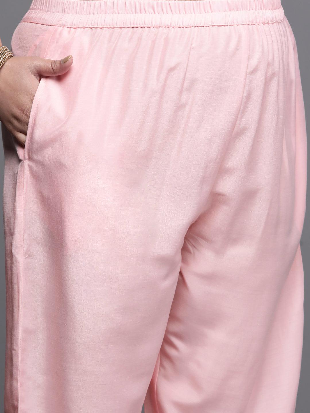Plus Size Pink Woven Design Silk Blend Straight Kurta With Dupatta