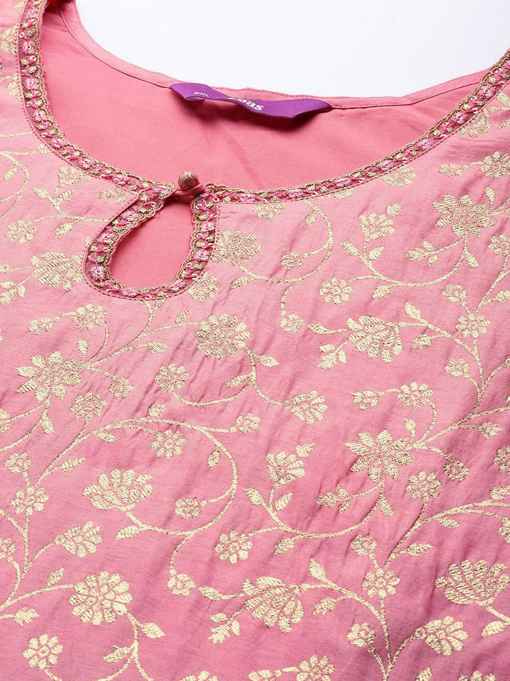 Plus Size Pink Woven Design Silk Blend Suit Set - Libas
