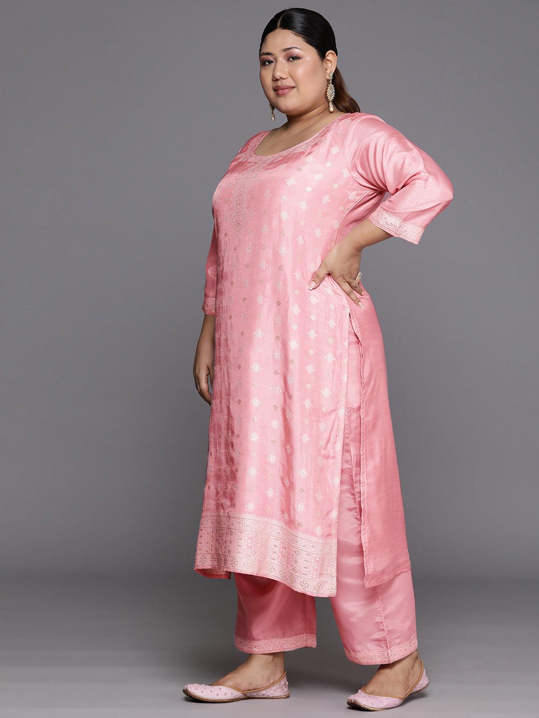 Plus Size Pink Woven Design Silk Blend Straight Kurta With Trousers & Dupatta