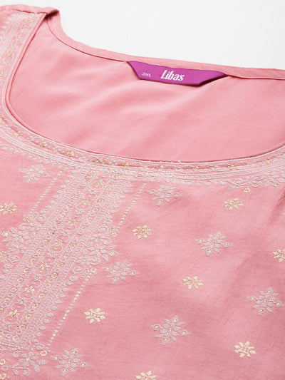 Plus Size Pink Woven Design Silk Blend Straight Suit Set - Libas