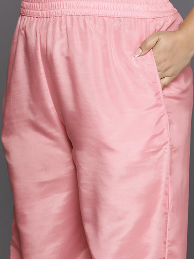 Plus Size Pink Woven Design Silk Blend Straight Suit Set - Libas